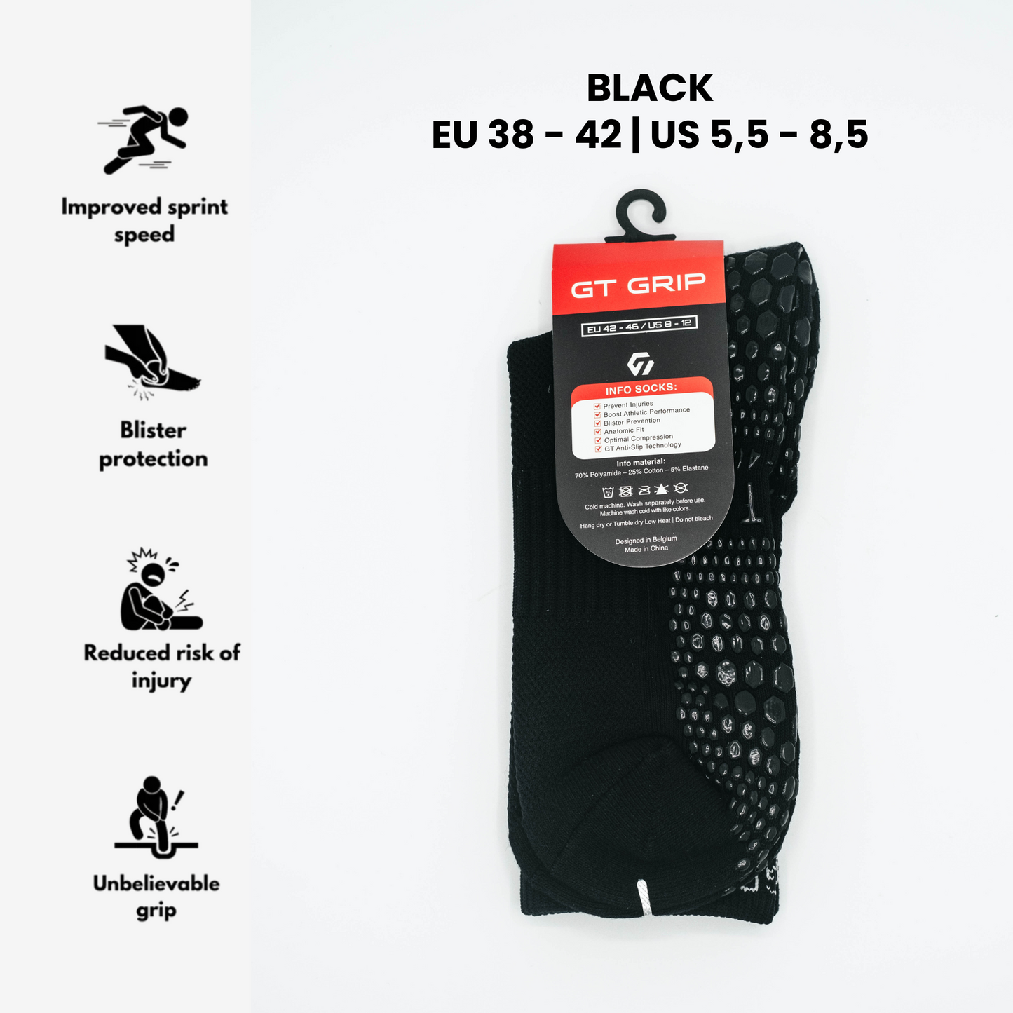 GT GRIP Black Performance Socks - Grip Socks - Size EU 38-42 | US 5.5-8.5 for Superior Stability, Anti-Blister Comfort, and Enhanced Traction