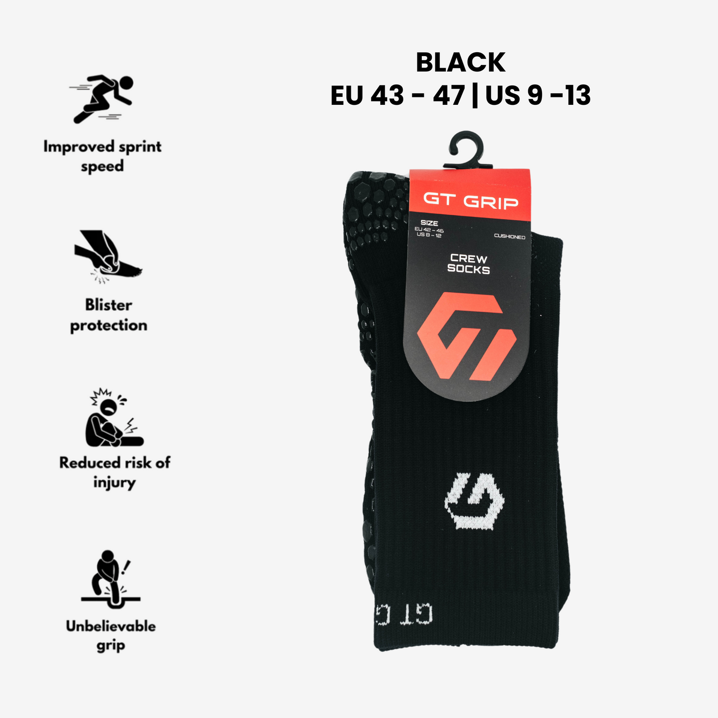 Black GT GRIP Performance Socks, Size EU 43-47 | US 9-13, for superior stability, anti-blisters, and optimal traction.