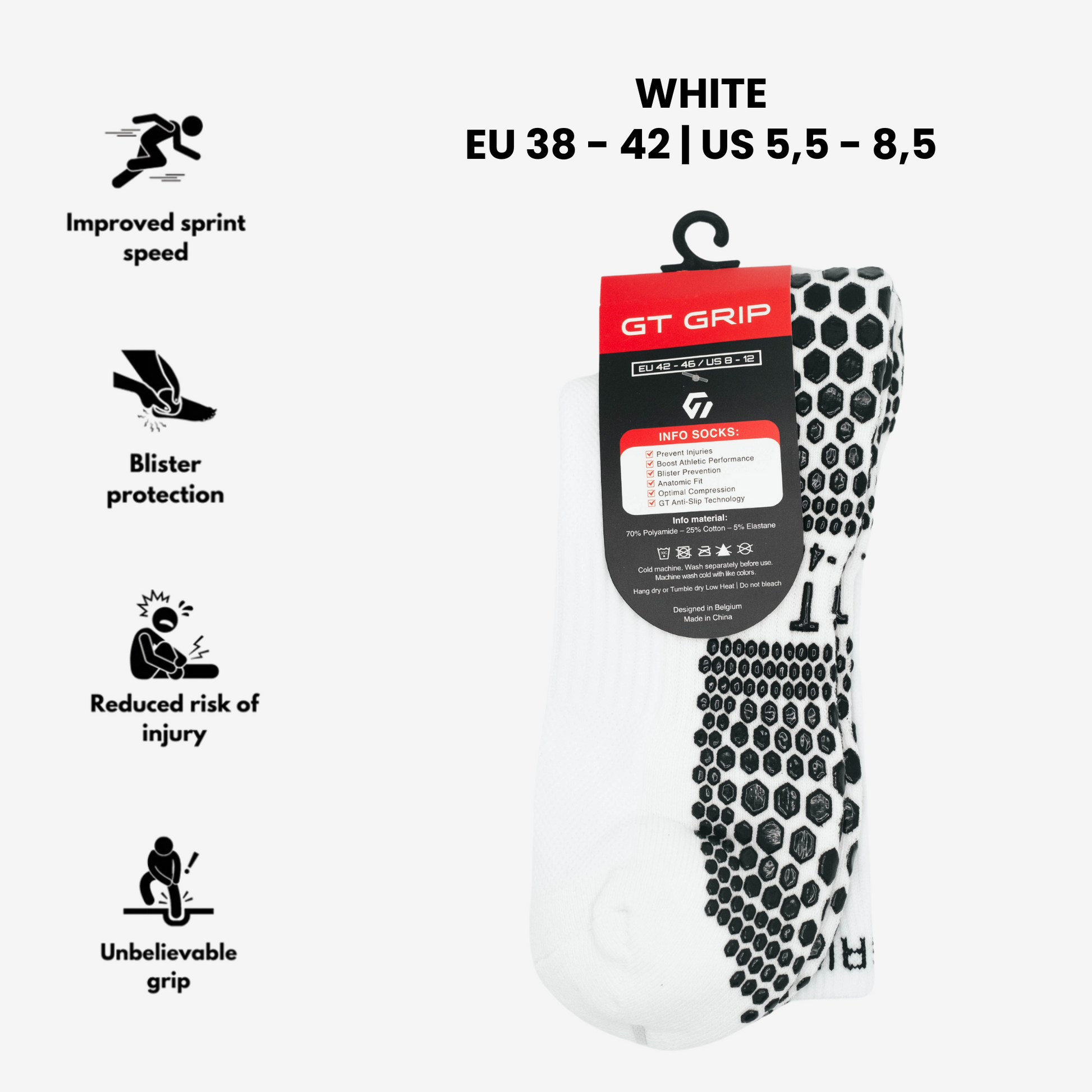 GT GRIP White Performance Socks - Grip Socks - Size EU 38-42 | US 5.5-8.5 for Superior Stability, Anti-Blister Comfort, and Enhanced Traction
