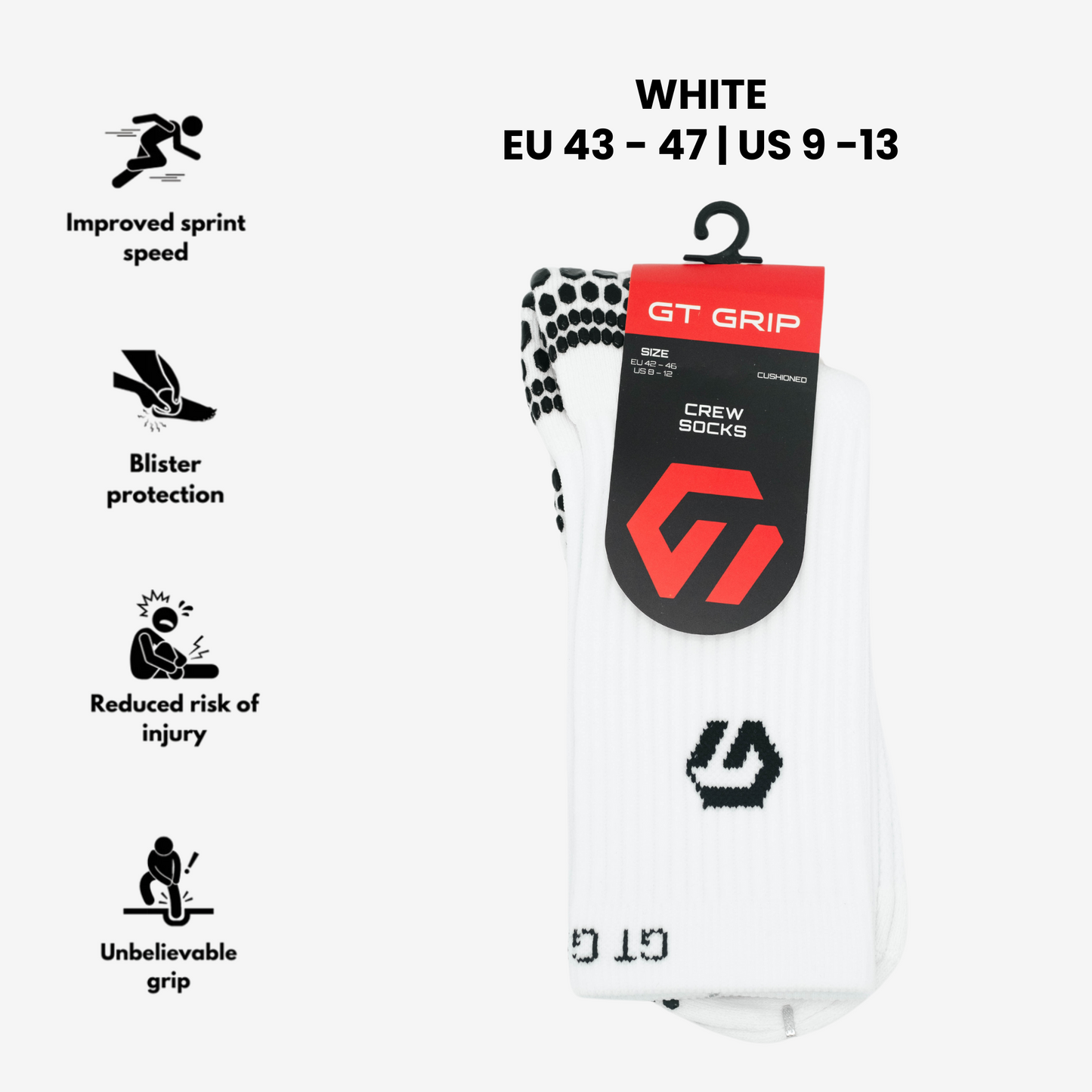 GT GRIP White Performance Socks - Grip Socks - Size EU 43-47 | US 9-13 for Optimal Stability, Anti-Blister Protection, and Exceptional Traction