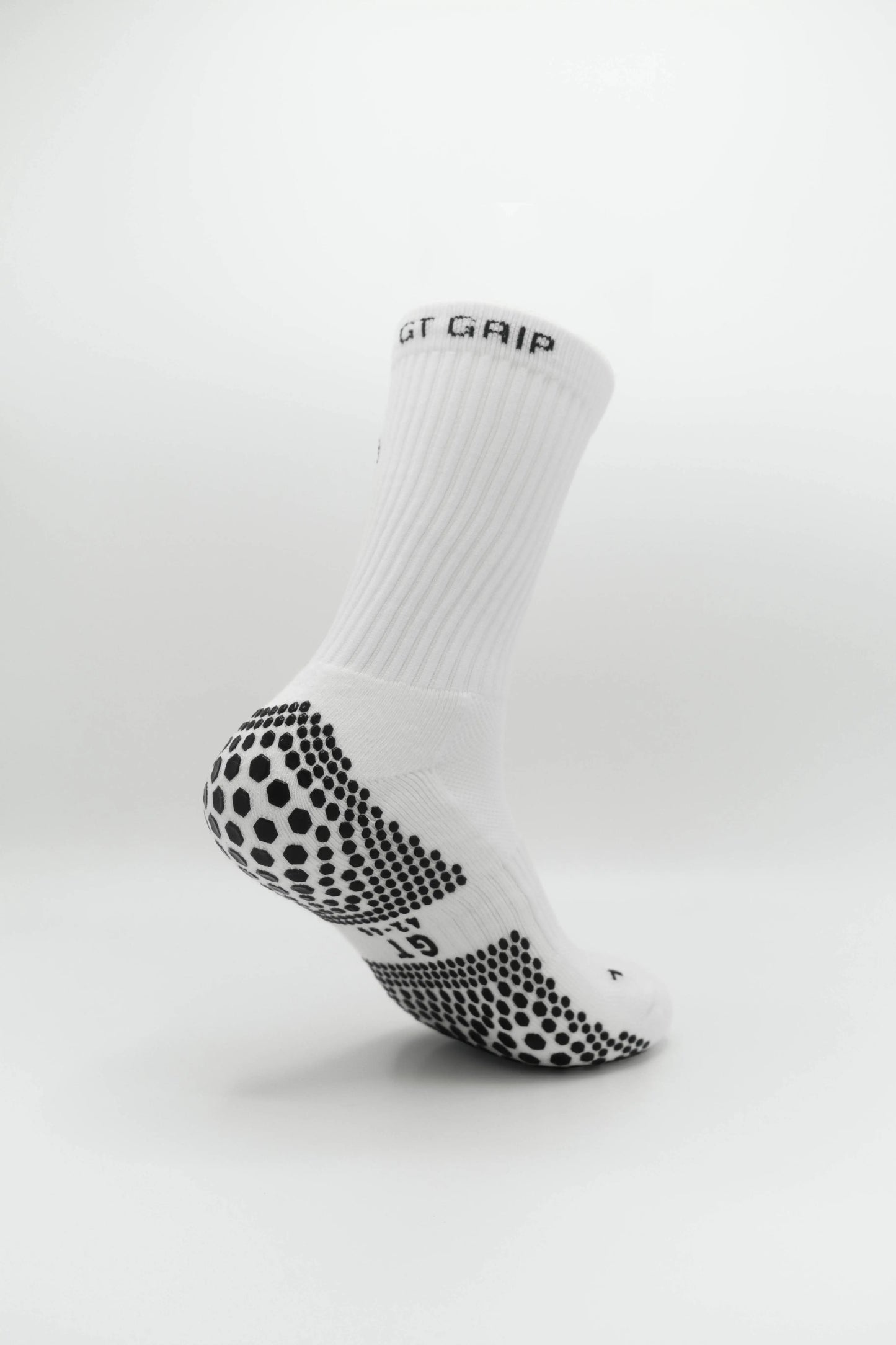 White football GRIP Socks Crew - Right Back View, Ideal for Soccer, Basketball, Padel, Tennis - Featuring Heel Grip