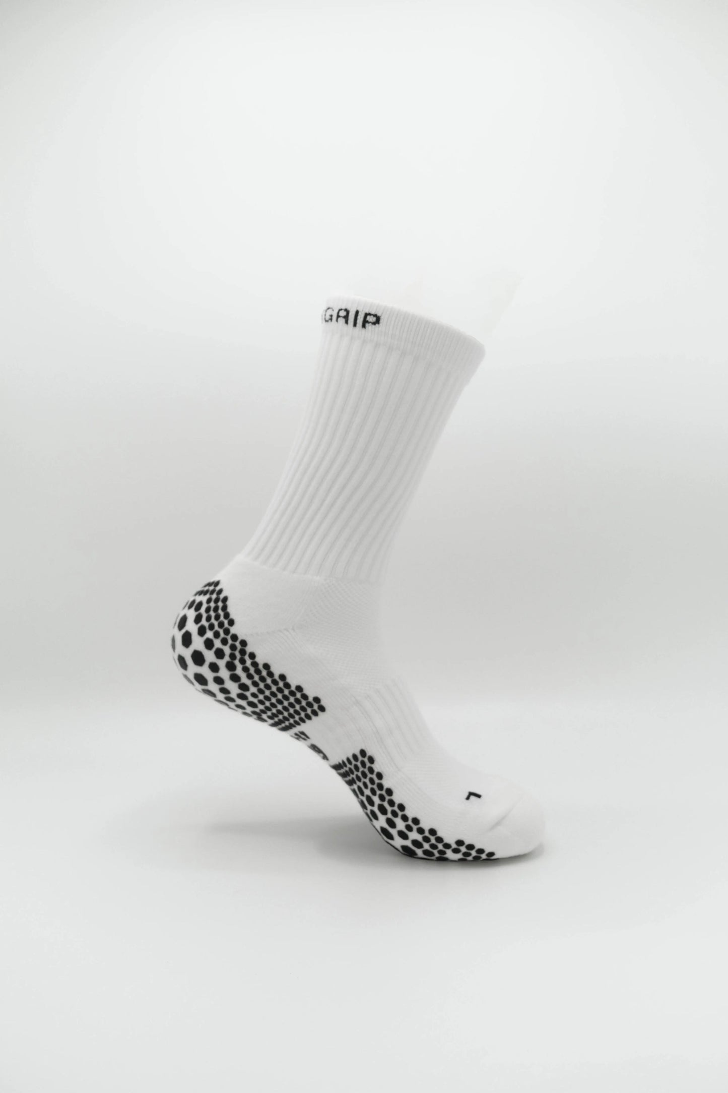 White GRIP Socks Crew - Right Side View, Optimal Comfort, Scientific Grip, and Performance Enhancement for Athletes