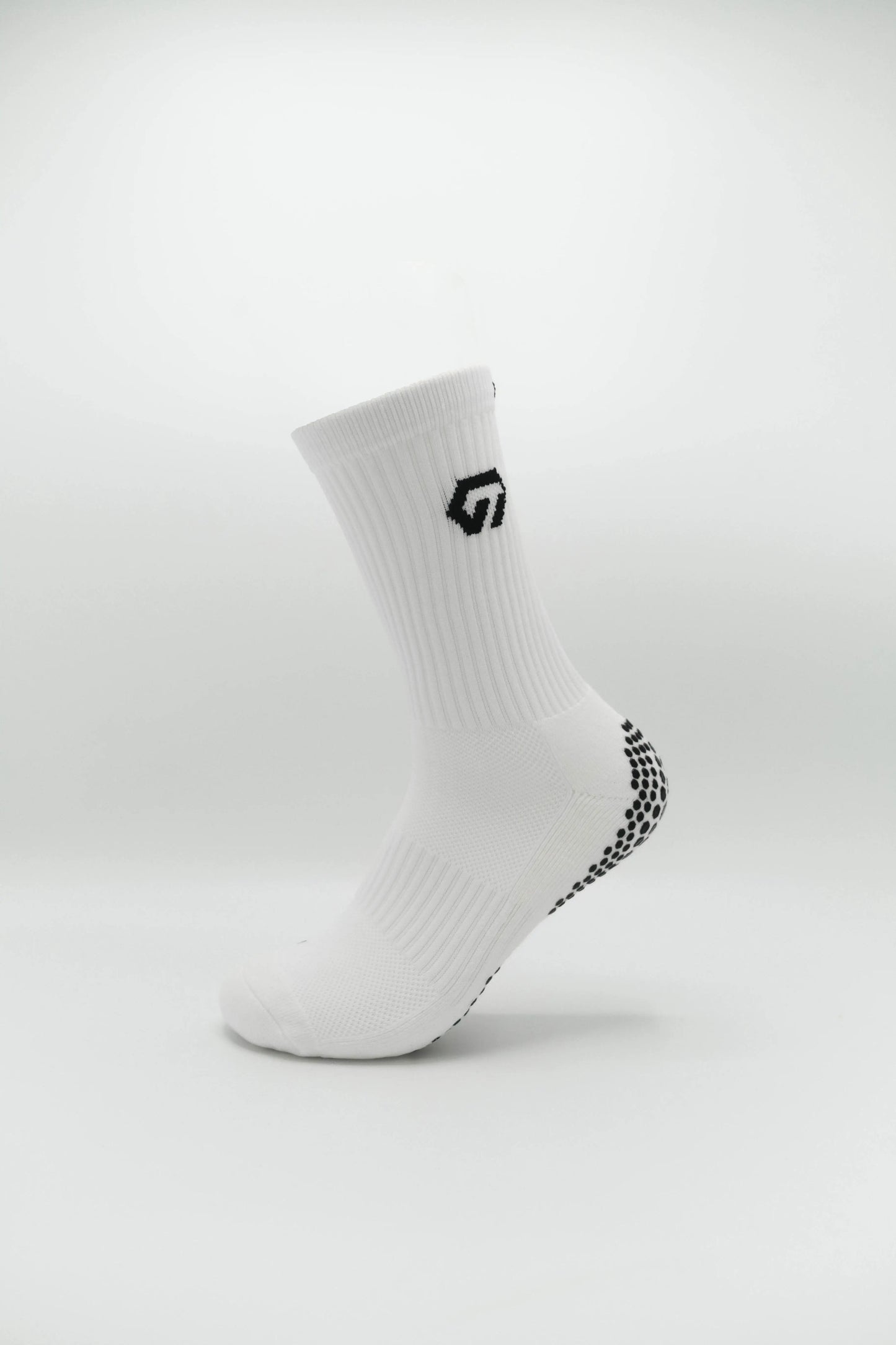 White GT GRIP Socks Crew - Left Side View, Breathable Meshes and Clear GT Logo for Optimal Comfort and Style